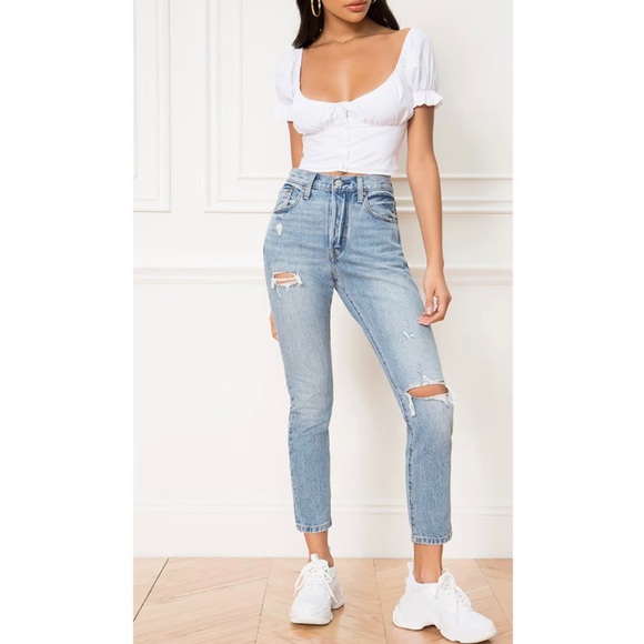 Levis 501 Skinny in Can't Touch This Medium Wash Blue - 27 Distressed Button Fly - Picture 1 of 16